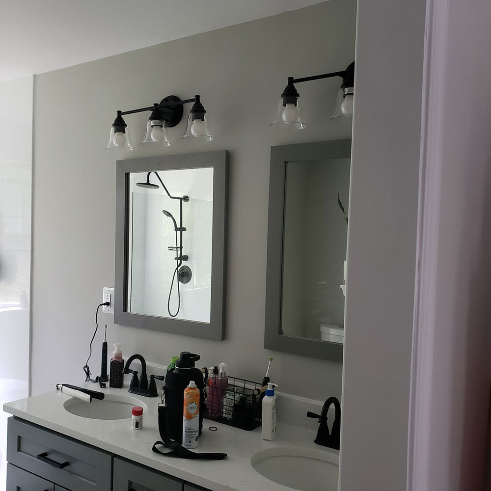 New vanity, mirrors, and light fixtures